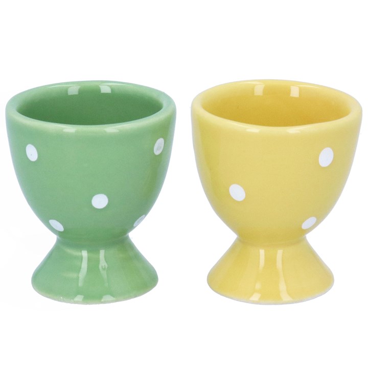 gisela graham Set of 2 Ceramic Egg Cups - Green & Yellow Polka Dots