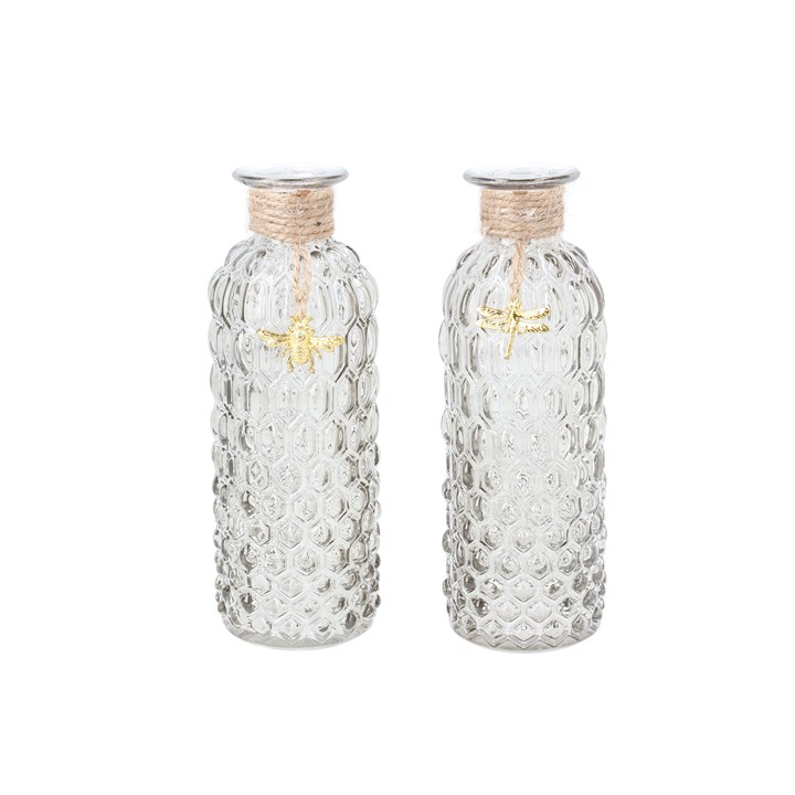 gisela graham Set of 2 Glass Vases - Grey Bottles with Gold Bugs