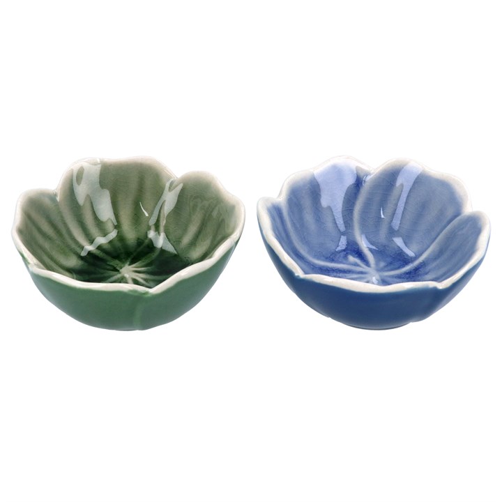 gisela graham Set of 2 Stoneware Mini Bowls - Blue & Green Flower Shaped