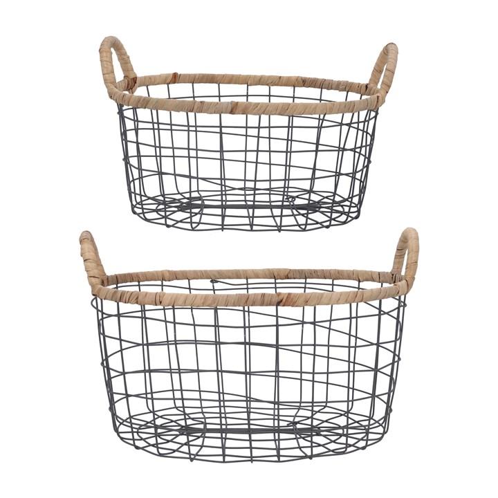 gisela graham Set of 2 Wire Baskets - Woven Trim Oval