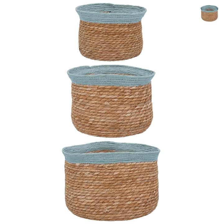 gisela graham Set of 3 Woven Tub Baskets - Brown Trim Natural