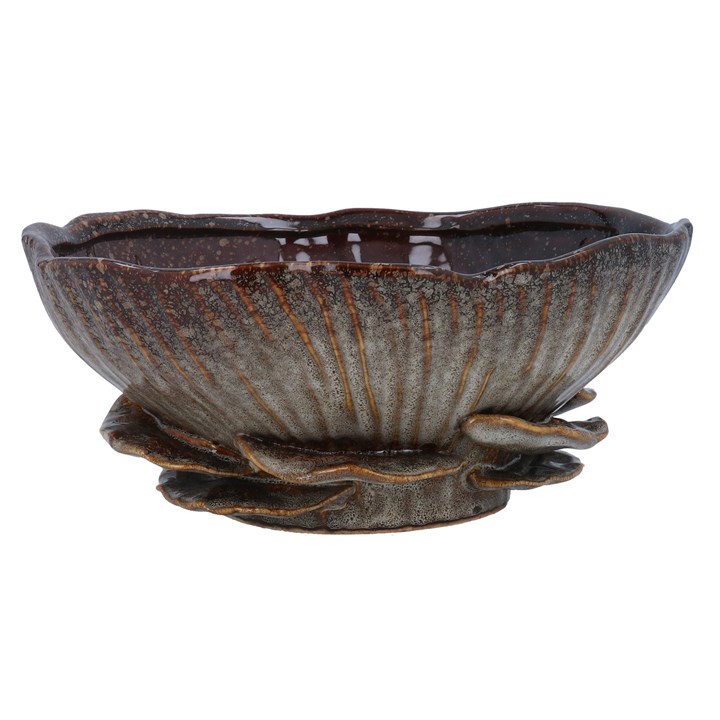 gisela graham Stoneware Decorative Bowl - Brown Reactive with Mushrooms Detail