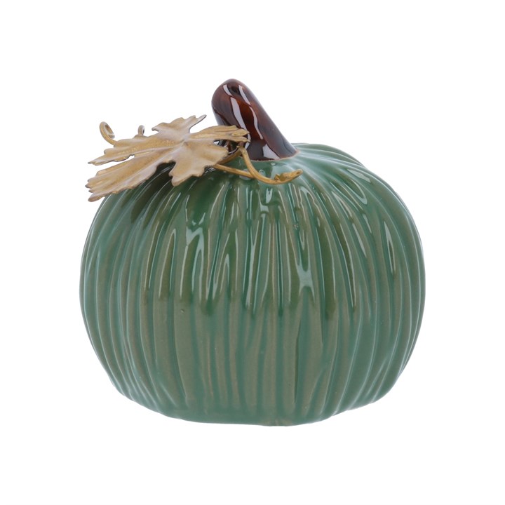 gisela graham Stoneware Ornament - Green Pumpkin with Gold Leaf