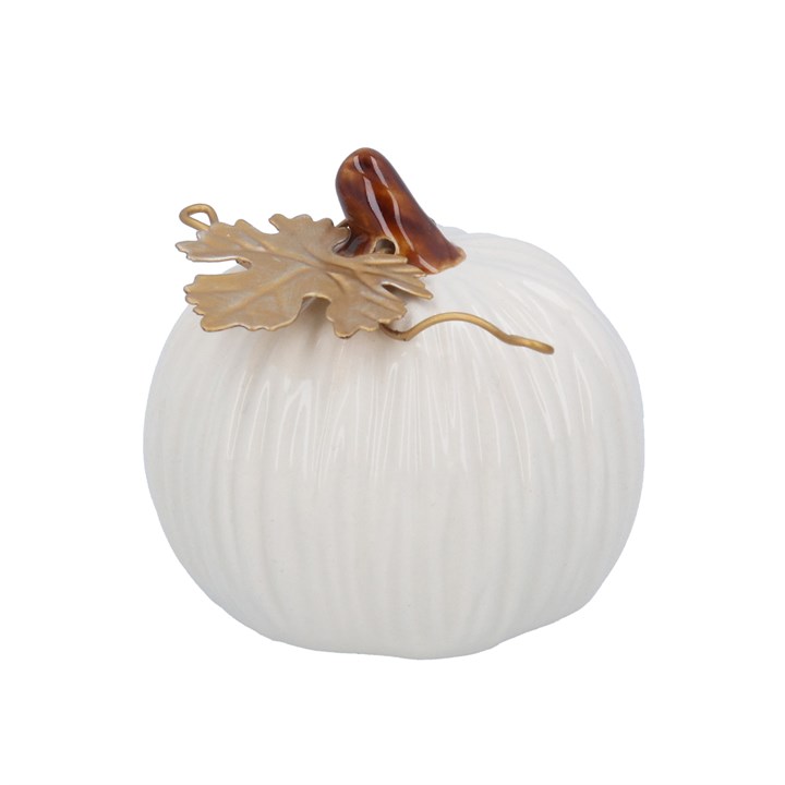 gisela graham Stoneware Ornament - White Pumpkin with Gold Leaf