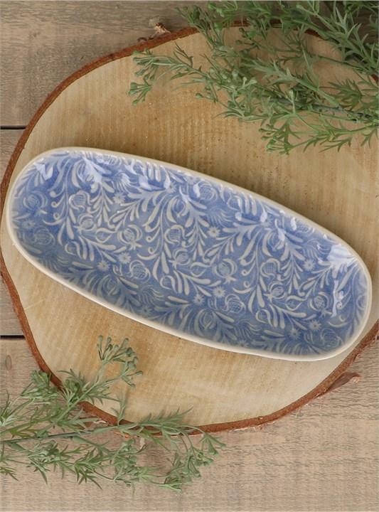 Gisela Graham Stoneware Oval Plate - Blue Country Flowers