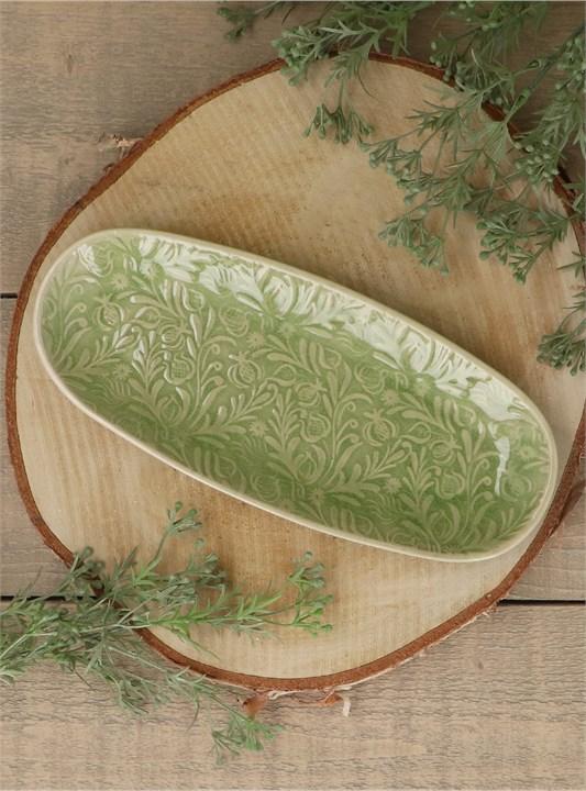 Gisela Graham Stoneware Oval Plate - Green Country Flowers