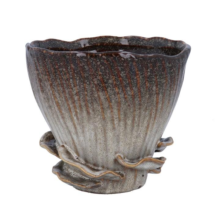 gisela graham Stoneware Pot Cover - Brown Reactive with Mushrooms Detail