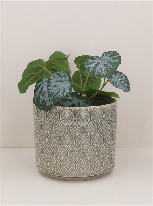 Gisela Graham Stoneware Pot Cover - Grey Trellis Flower Medium