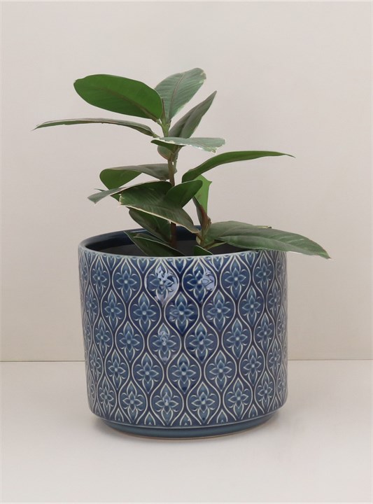 Gisela Graham Stoneware Pot Cover - Navy Trellis Flower Medium