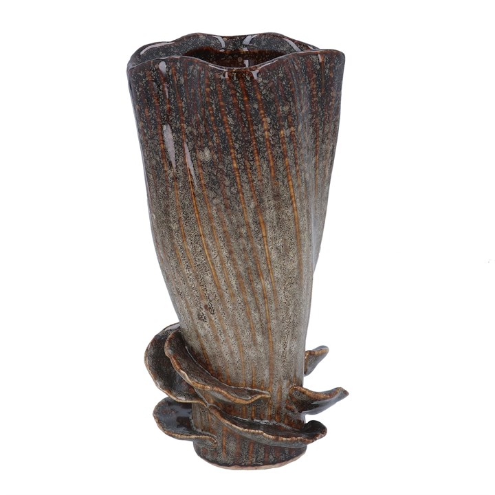 gisela graham Stoneware Vase - Brown Reactive with Mushrooms Detail