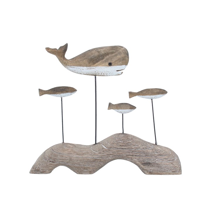 gisela graham Wood Ornament - Rustic Whale & Fish on Plinth