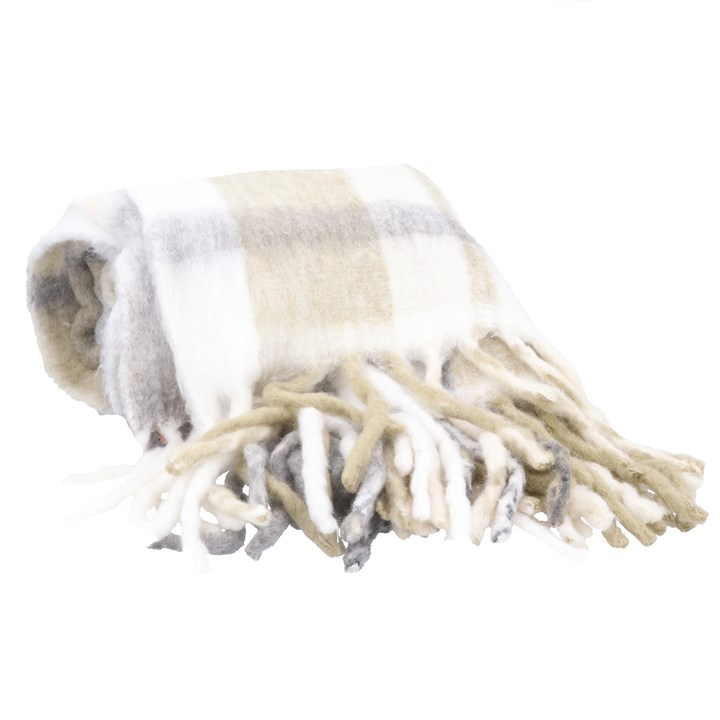 gisela graham Wool Throw - Grey & Taupe Checked Tassel Fringe