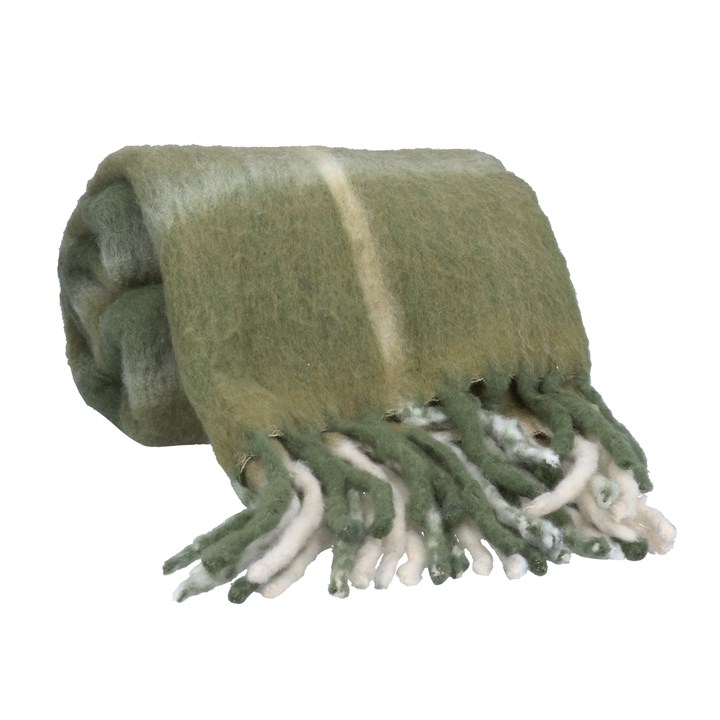 gisela graham Wool Throw - Moss Green Checked Tassel Fringe