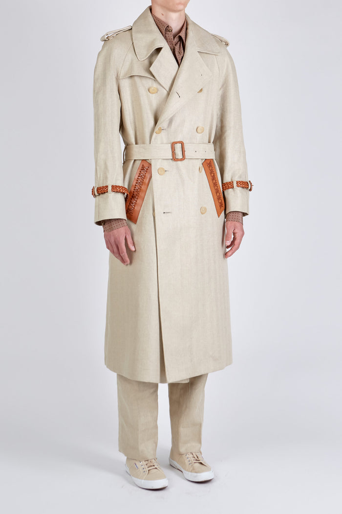 Giuliva Heritage Collection Oscar Trench Coat In Linen Herringbone With Leather Inserts
