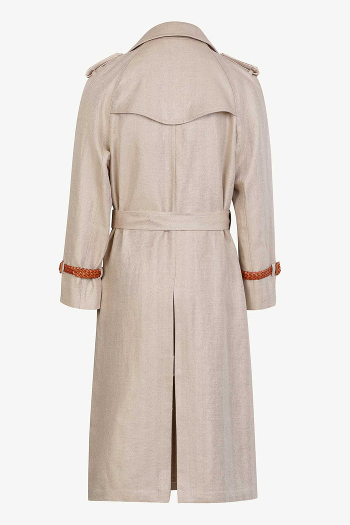 Giuliva Heritage Collection Oscar Trench Coat In Linen Herringbone With Leather Inserts