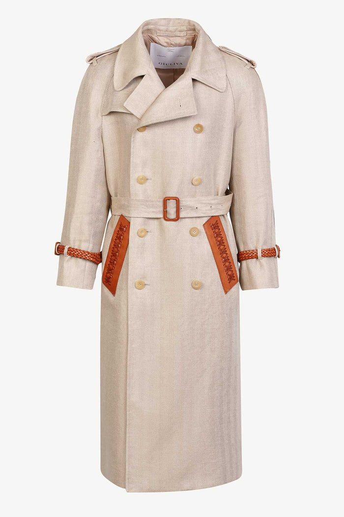 giuliva heritage collection Oscar Trench Coat in Linen Herringbone with Leather Inserts