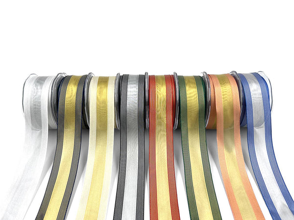 Glam Style 1.5" Sheer Gold Metallic Ivory Stripes Wired Ribbon