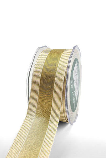 glam style 1.5" Sheer Gold Metallic Ivory Stripes Wired Ribbon