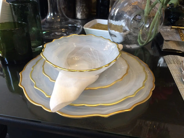 Glam Style 11"D Set Of 4 Alabaster White Dinner Plates With Gold Trim