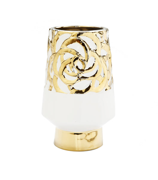 glam style 11"H White Ceramic Vase with Gold Design
