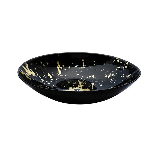 Glam Style 12.5" Black Oval Shaped Bowl With Splashy Gold Design