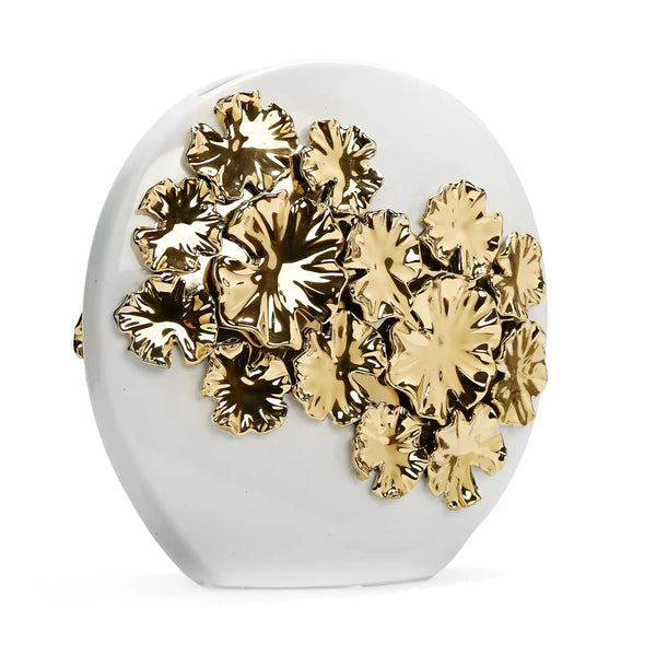 glam style 12" White Round Ceramic Vase Gold Flower Design