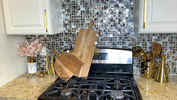 glam style 15" Wood Charcuterie Board Gold Flower Design Fat Base