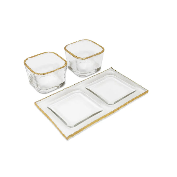Glam Style 2 Bowl Relish Dish On Tray With Gold Border
