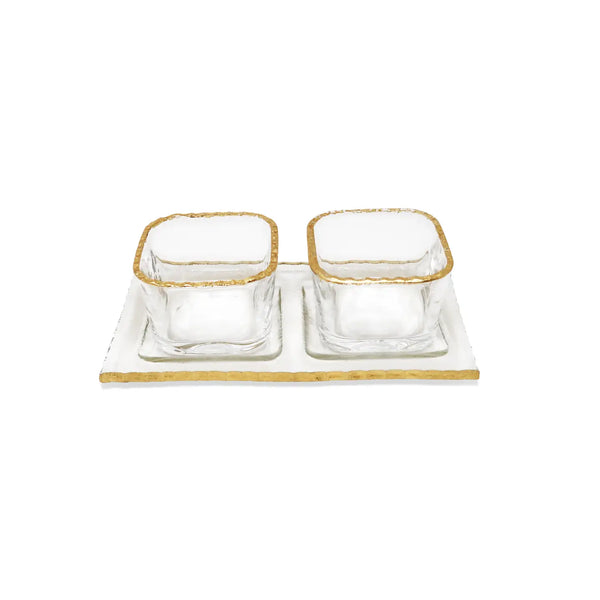 Glam Style 2 Bowl Relish Dish On Tray With Gold Border
