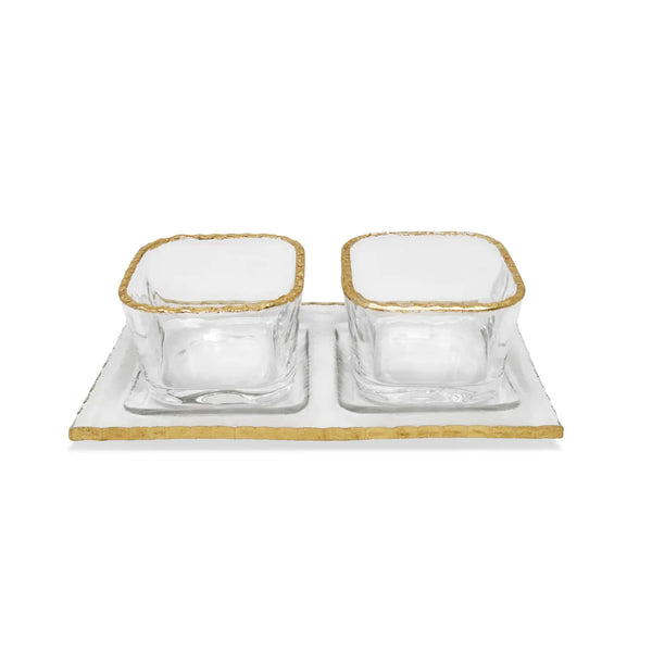 glam style 2 Bowl Relish Dish On Tray with Gold Border