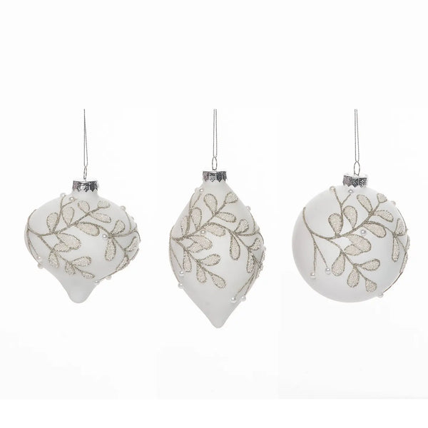 glam style 4.5 in. White Christmas Leaves Ornament Set of 3