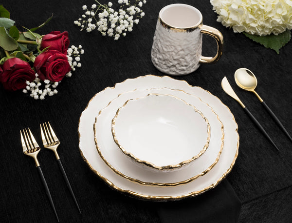 glam style 4 Piece White Dinner Set Speckled Gold Design