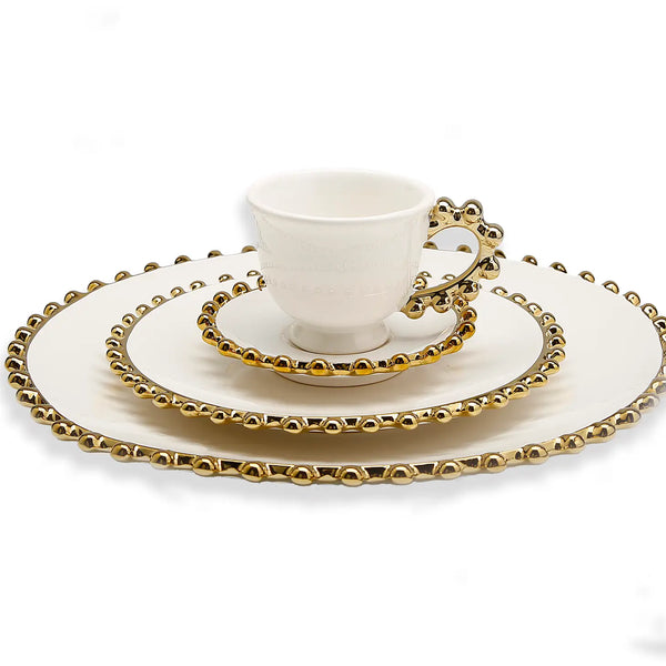 Glam Style 5 Piece White Dinner Set Gold Beaded Border