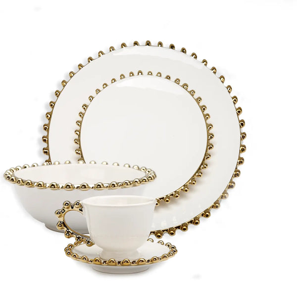 Glam Style 5 Piece White Dinner Set Gold Beaded Border