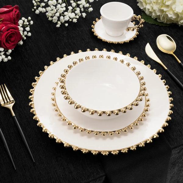 glam style 5 Piece White Dinner Set Gold Beaded Border