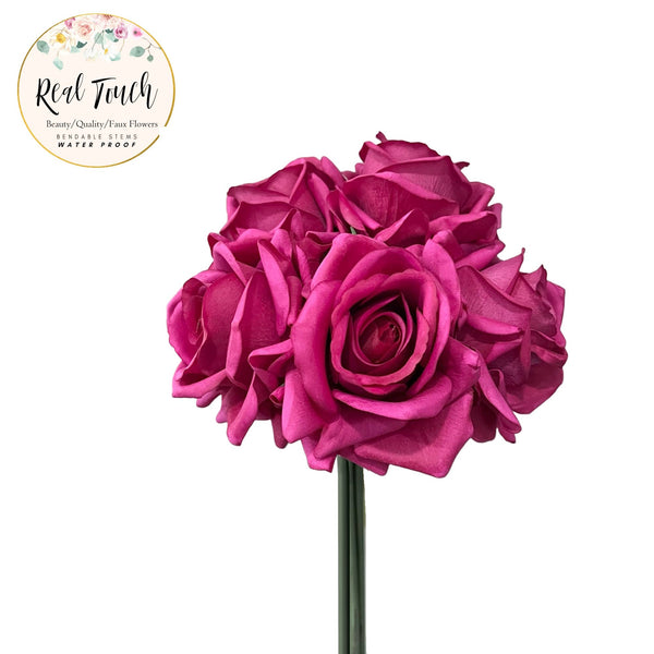 glam style 5-stem Rose Bouquet-Lifelike real-touch large Rose: Fuchsia