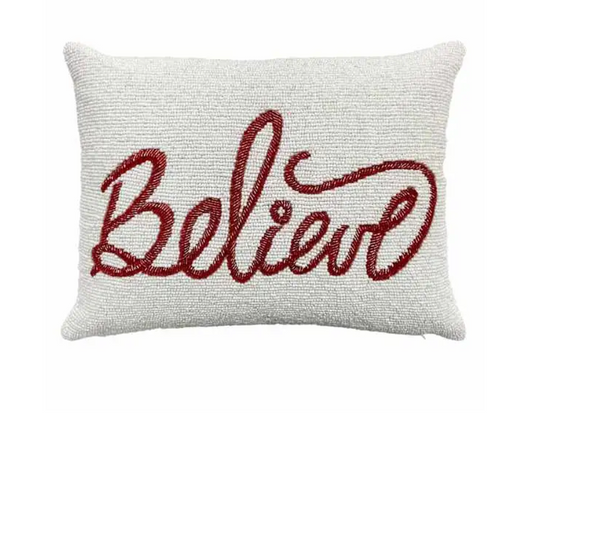 glam style Believe Glam Beaded Christmas Throw Pillow 16x12