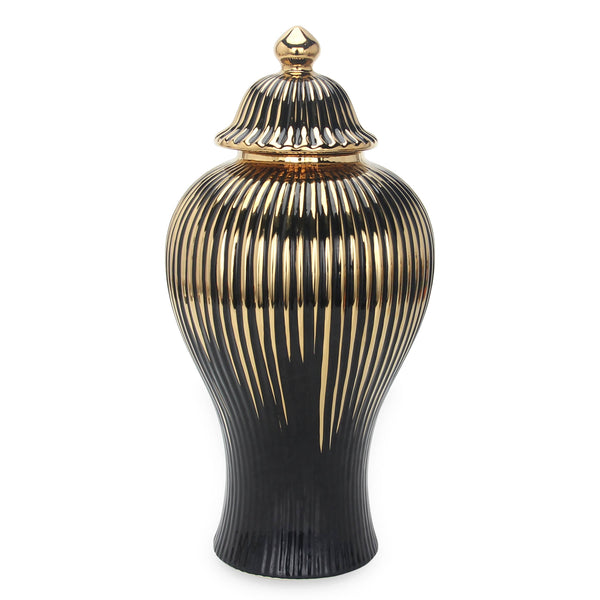 Glam Style Black Ceramic Ginger Jar Vase With Gold Accent