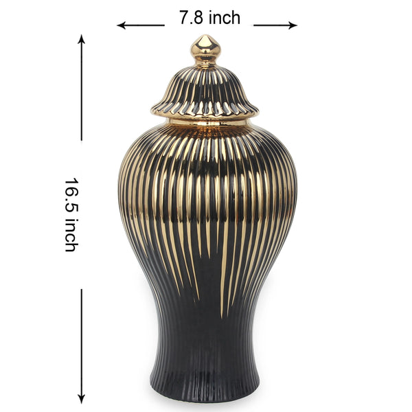 Glam Style Black Ceramic Ginger Jar Vase With Gold Accent