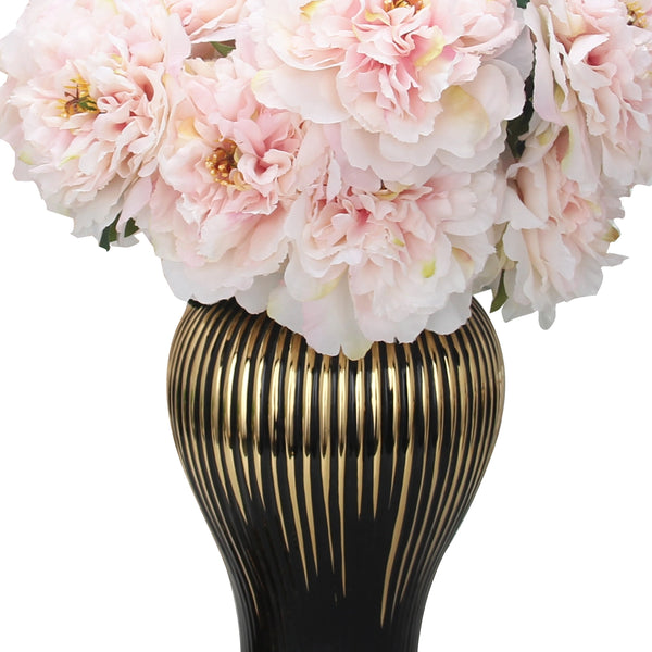 Glam Style Black Ceramic Ginger Jar Vase With Gold Accent