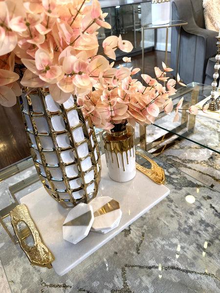 glam style Brass & Marble Coasters | Handcrafted Geometric White Marble Coasters with Brass Inlay for Your Drinks Beverages & Wine/Bar Glasses (Set of 4)