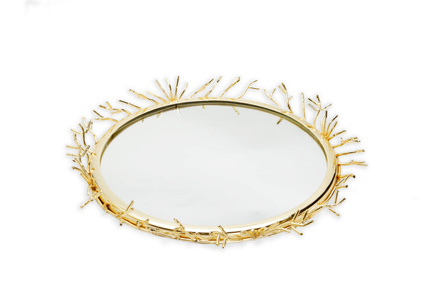glam style Decorative Round Mirror Tray with Gold Design Border