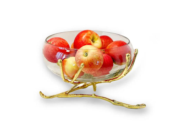 glam style 11"D Glass Bowl With Gold Twig Base