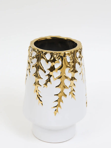 Glam Style 9"H White Ceramic Vase Gold Design