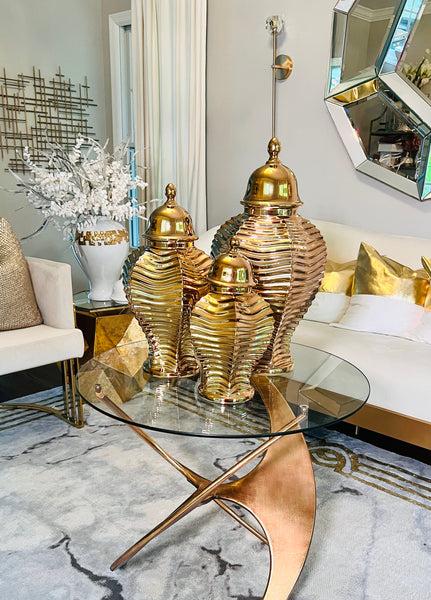 Glam Style Gold Ginger Jar With Pleat Design