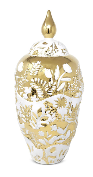 Glam Style Ornate White And Gold Ginger Jar: Medium