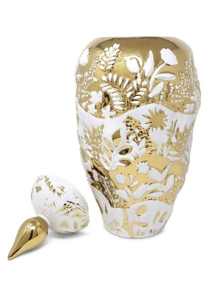 Glam Style Ornate White And Gold Ginger Jar: Medium