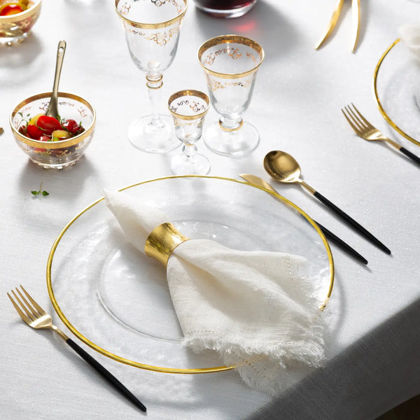 glam style Set of 4 Clear Chargers with Gold Rim