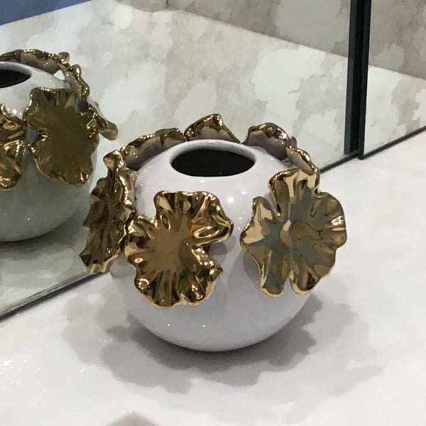 Glam Style White Bud Vase With Gold Floral Design