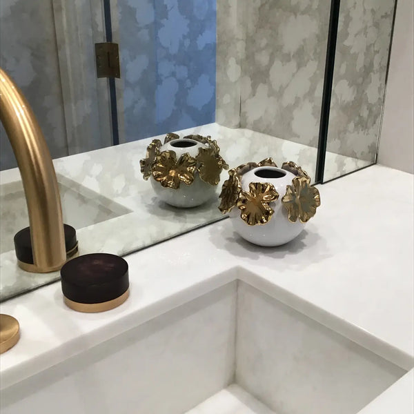 Glam Style White Bud Vase With Gold Floral Design